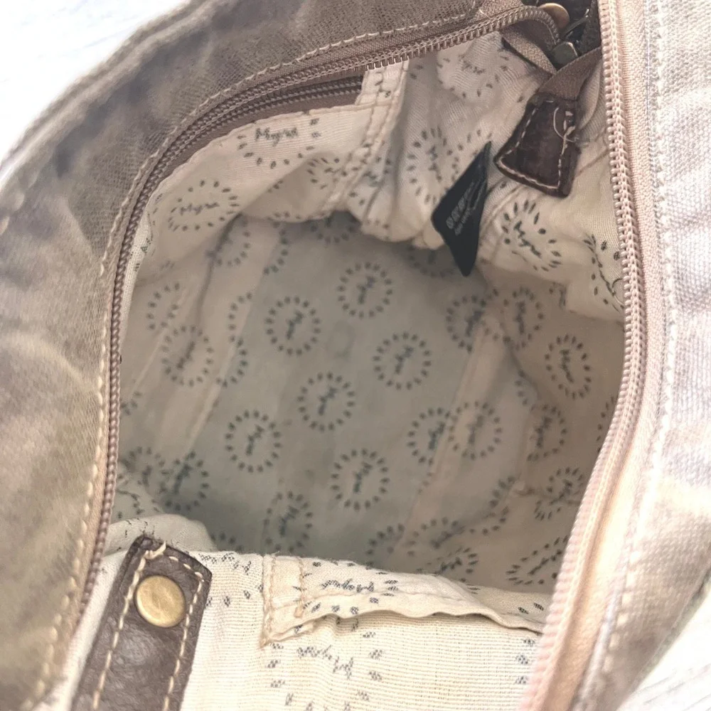 Myra Bag Upcycled Canvas Rug Cowhide Crossbody Bag Green Brown S-1250
